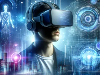 Persona con visore VR in ambiente digitale futuristico.