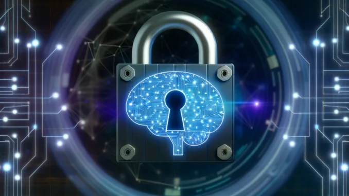 Simbolo di un lucchetto digitale sofisticato con un cervello di intelligenza artificiale luminoso dietro, circondato da linee di rete e flussi di dati interconnessi.