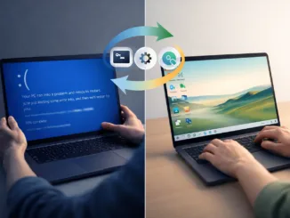 Laptop con schermata blu errore Windows a sinistra e desktop funzionante a destra, collegati da freccia con icone ripristino avvio e prompt comandi recovery